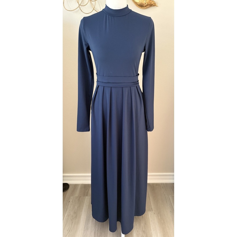 Halara S Navy Mock Neck Long Sleeve Maxi Dress A-Line Pockets Stretch Casual